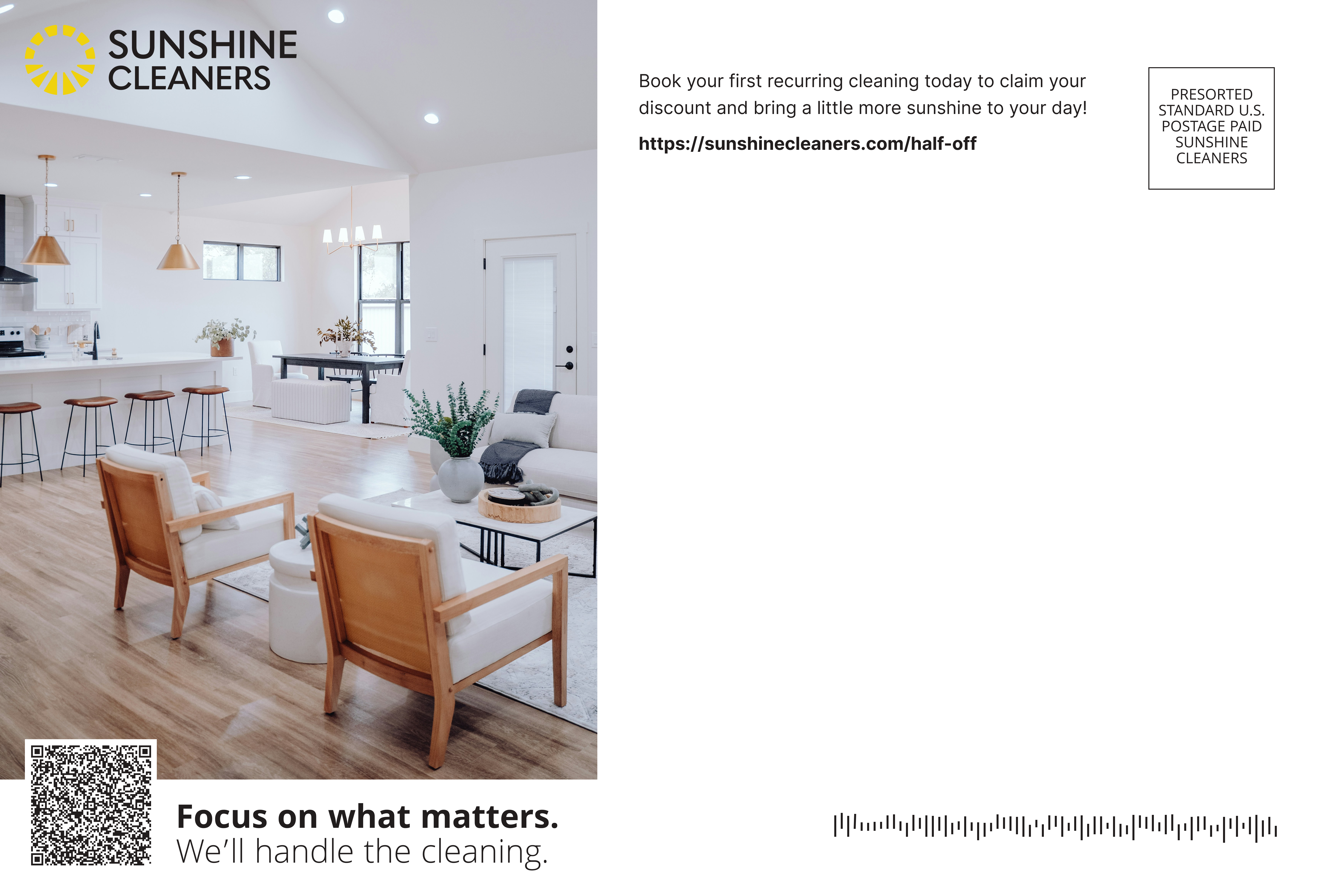 Mailer back featuring a bright living space, campaign information, and mailing area