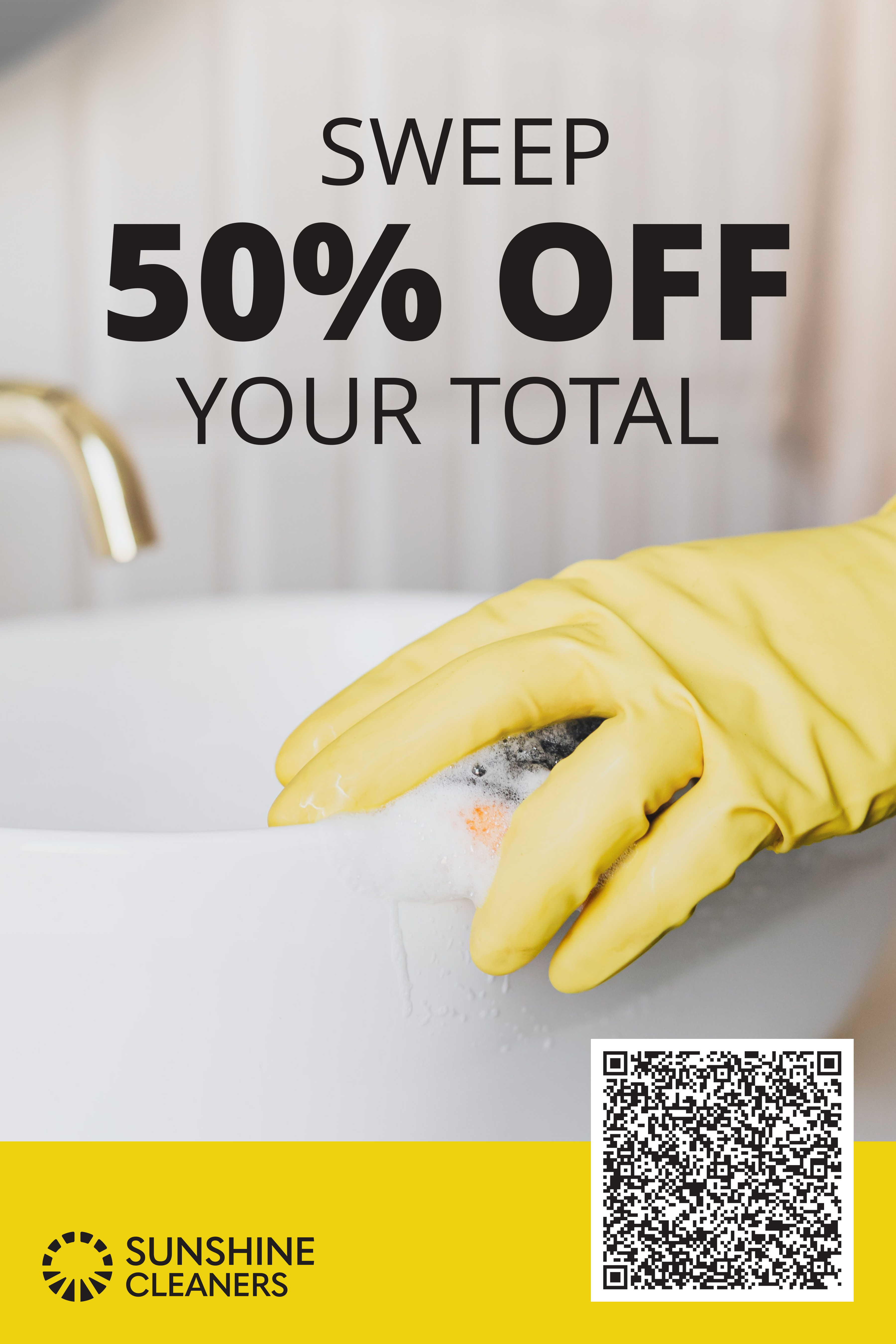 Mailer front featuring the half-off offer, cleaning imagery, and a QR code