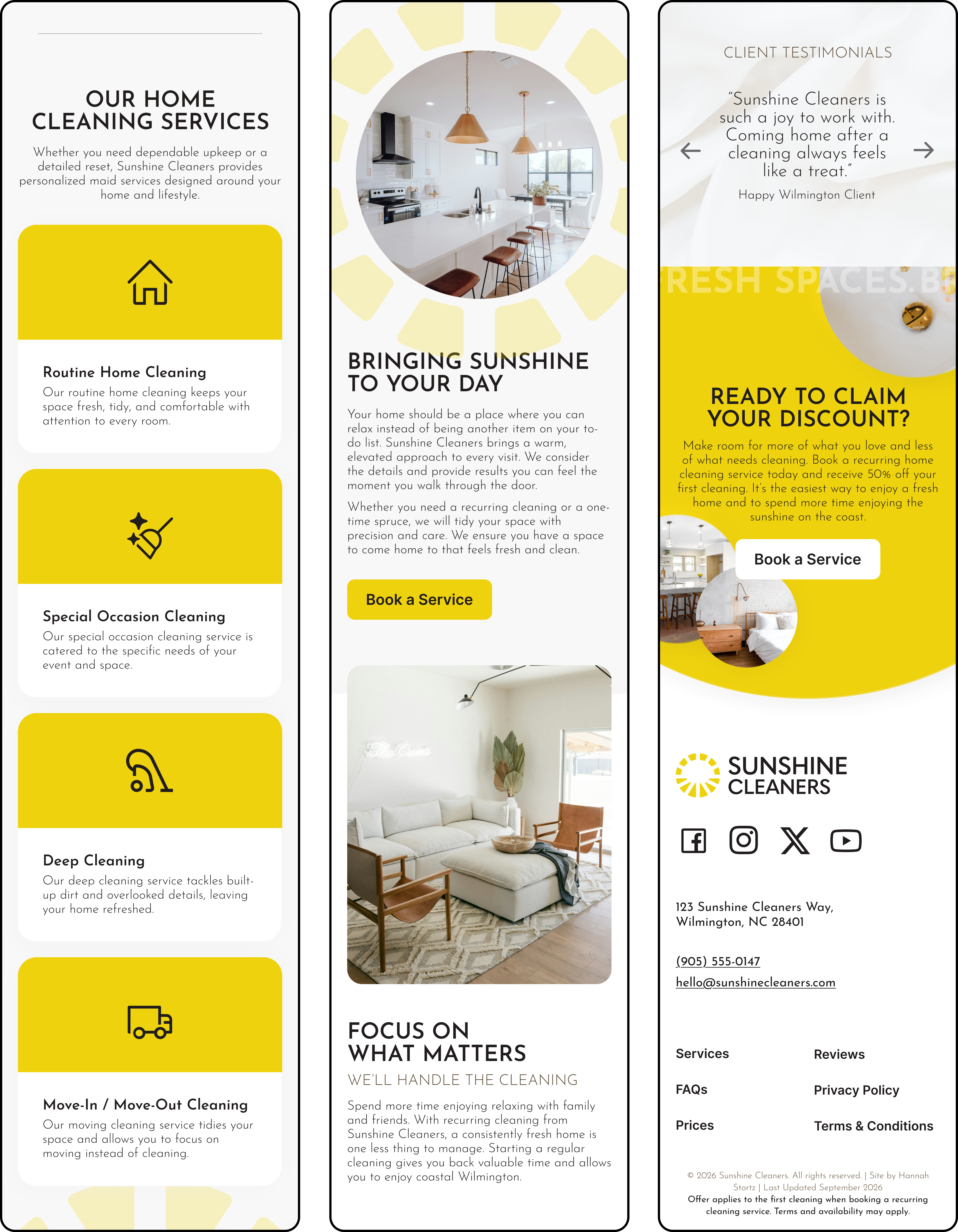 Mobile landing page sections showing cleaning services, testimonials, and booking opportunities