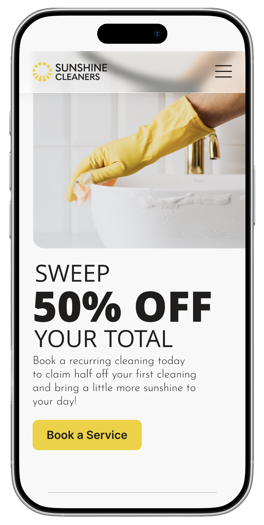 Sunshine Cleaners mobile hero with the discount and Book a Service button