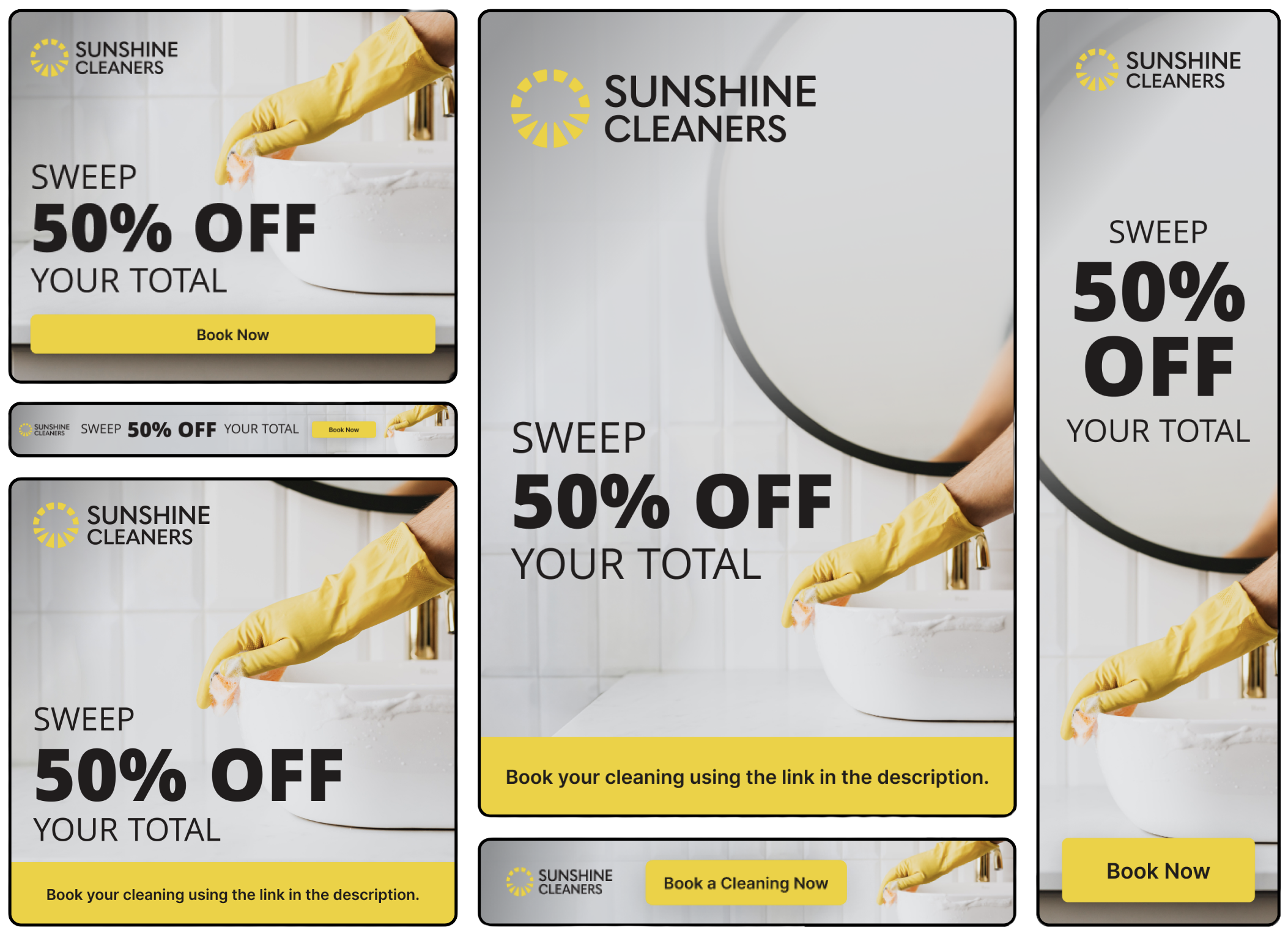 Coordinated Sunshine Cleaners ads in square, horizontal, and vertical formats