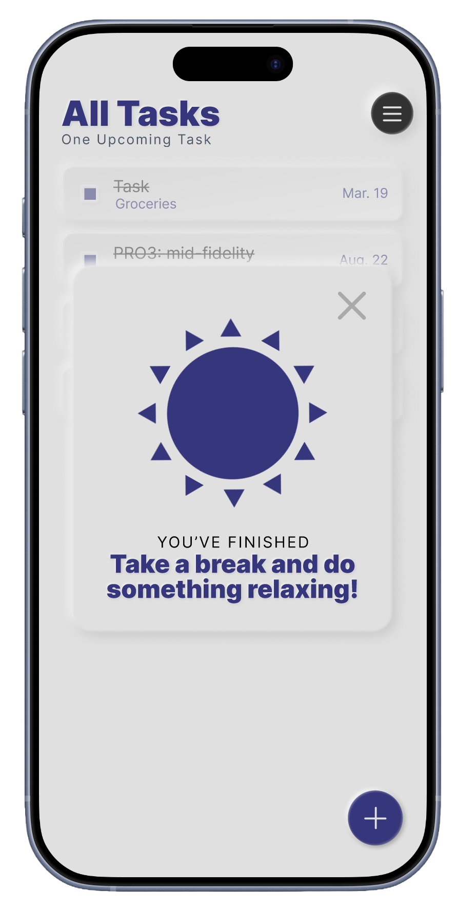 Task completion popup featuring a sun and a message encouraging the user to take a break