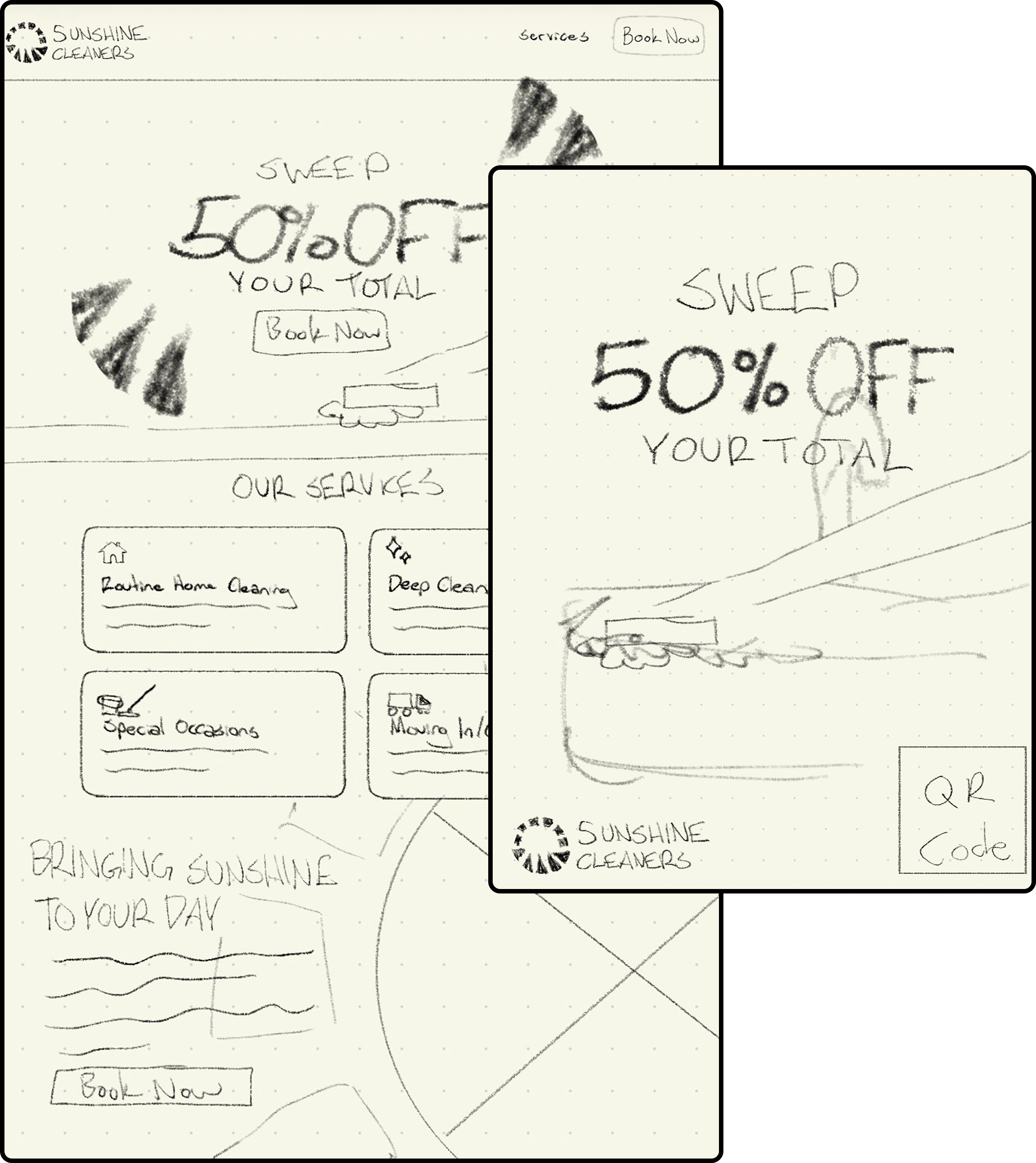 Early sketches exploring the landing page and promotional mailer layouts