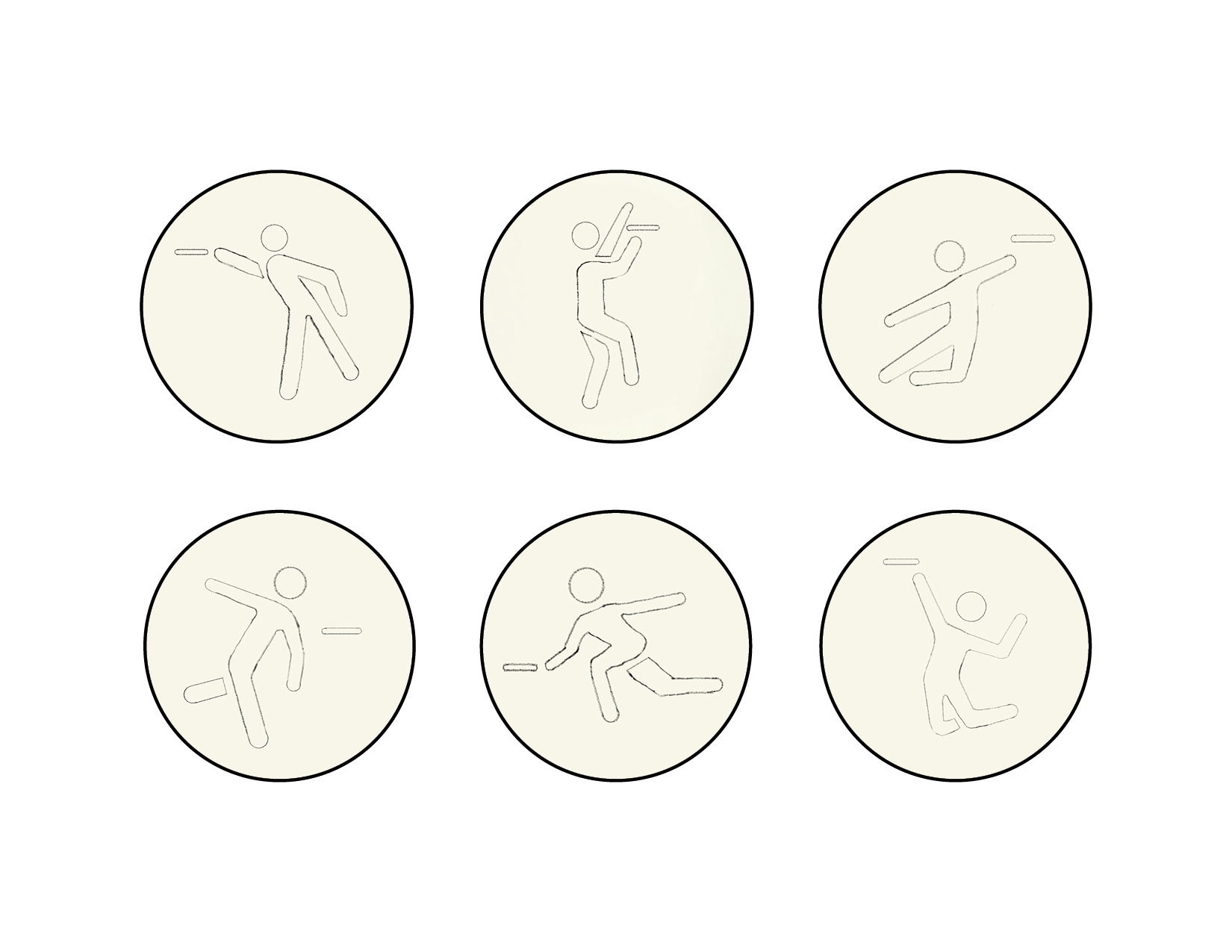 Six sketches exploring different throwing and catching poses