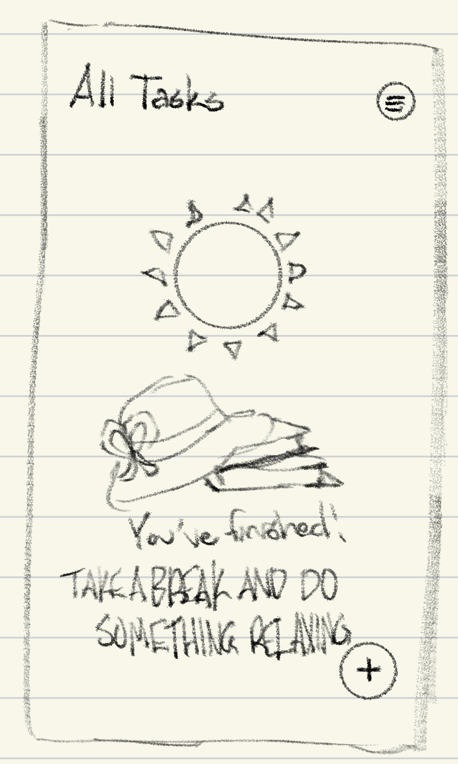 To-do list sketch exploring a sun and a message encouraging the user to take a break