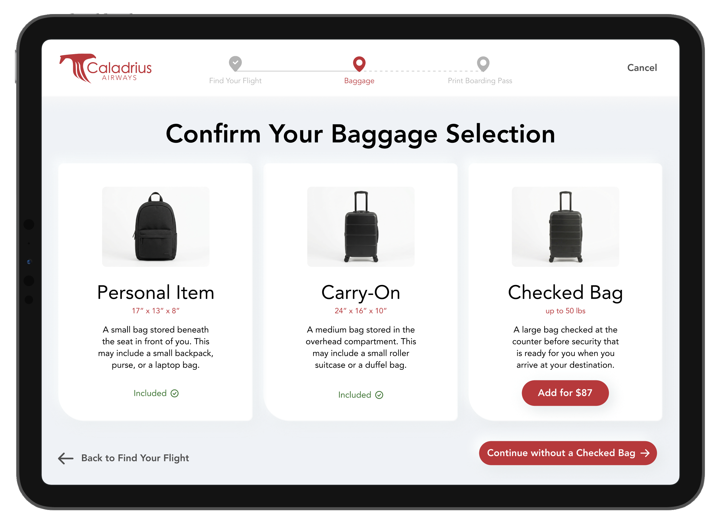 Confirm baggage screen
