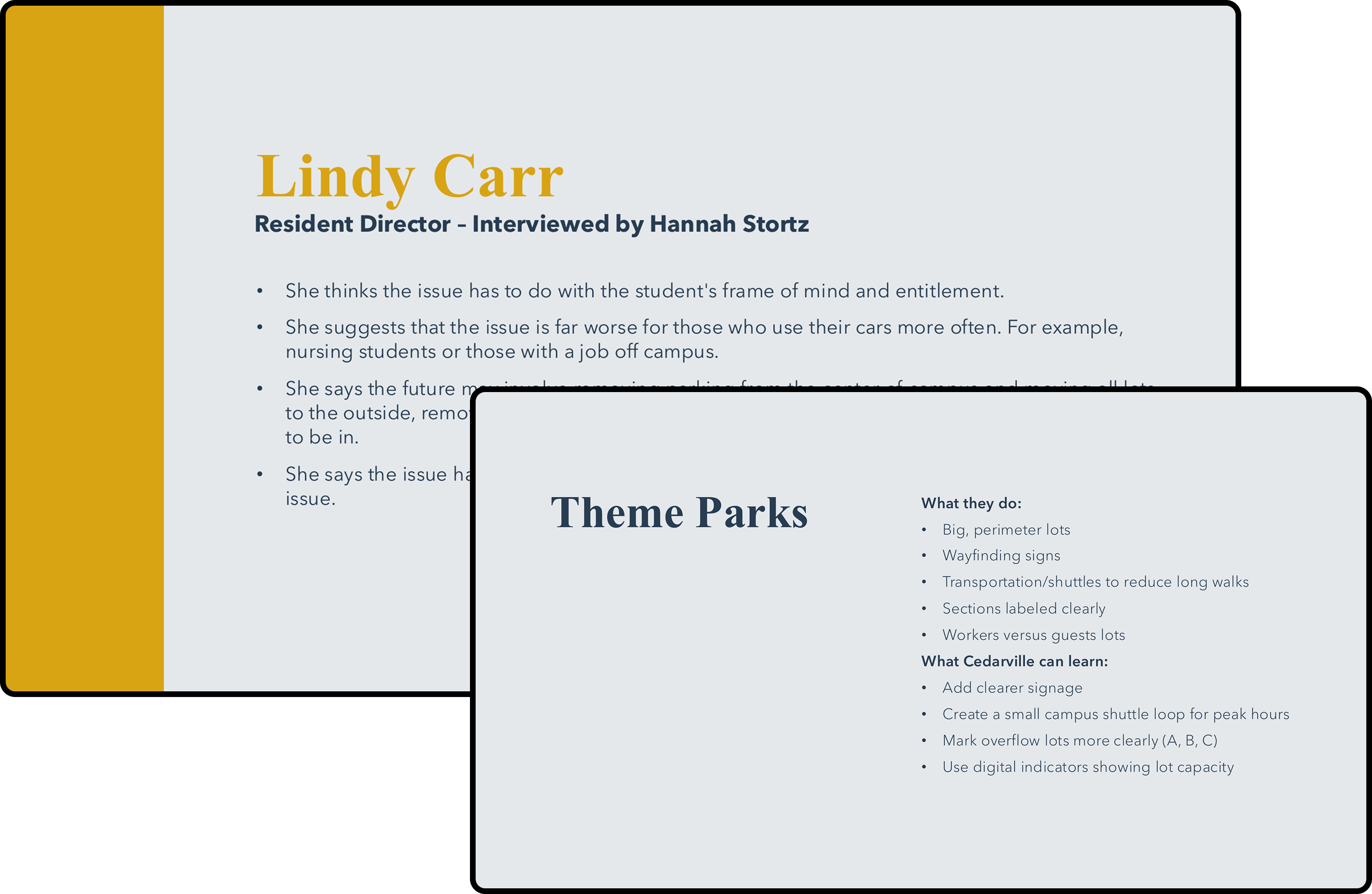 Research slides summarizing the Resident Director interview and parking strategies used by theme parks